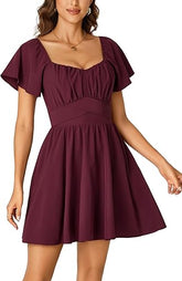Women's Tie Back Square Neck Wrap Ruffle Short Sleeve Flare Mini Dress