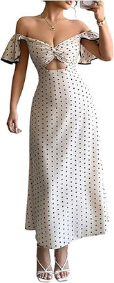 Women's Off The Shoulder Long Dress Polka Dots Twist Knot Ruffle Wedding Guest Dress