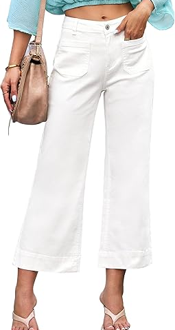 Wide Leg Jeans for Women Trendy High Waisted Flare Jeans Cropped Denim Pants Stretchy Baggy with Patch Pockets