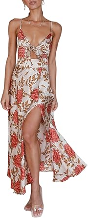 Women Spaghetti Strap Midi Satin Dresses Tie Front Backless Slit Cutout Dress Semi-Formal/Casual Flowy Lightweight